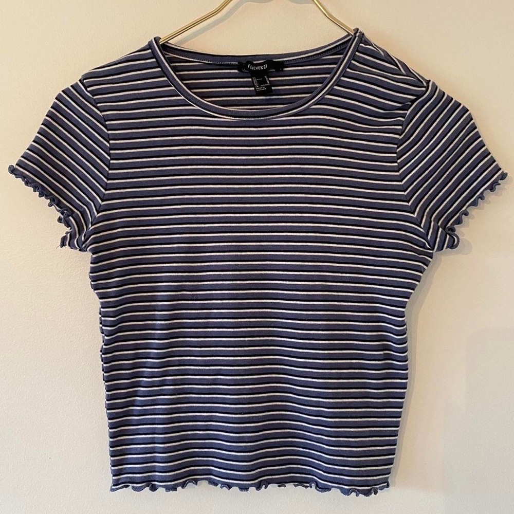 Blue+white+black striped lettuce-trim baby tee💙